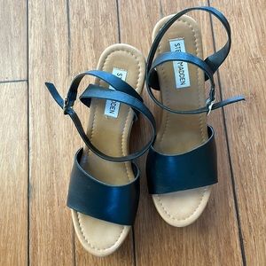 Steve Madden ankle-twist wedge sandals.  Black size 8